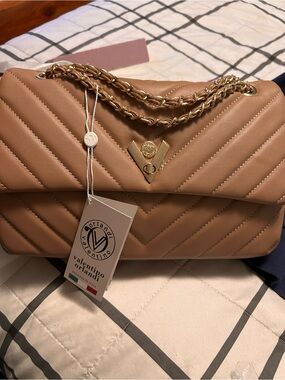 Valentino Orlandi Quilted Shoulder Bag in Camel with Gold Chain